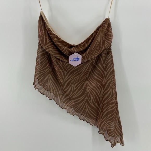 Tops - Brown Asymmetrical Strapless Butterfly Print Boho Woodland Fairy Flowy Crop Top